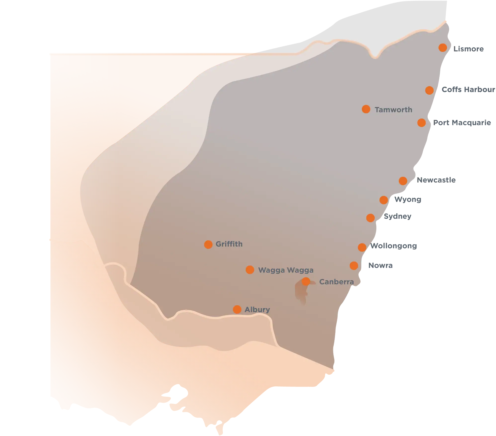Rehabilitation services along the NSW coast, including Wagga Wagga, Griffith, Tamworth, and Canberra.