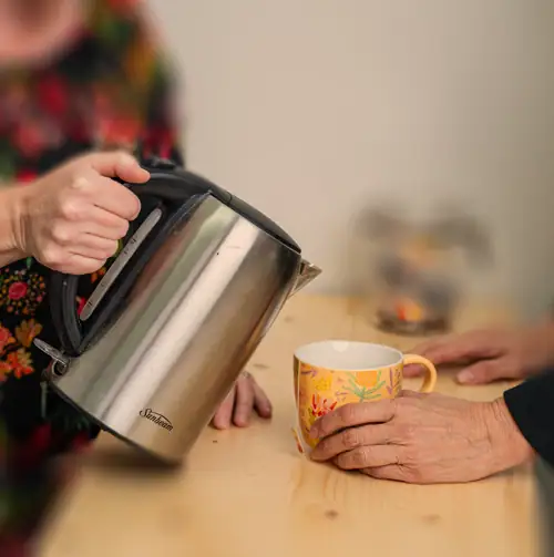 Kettle pouring hot water into a decorative mug, promoting comfort and recovery.
