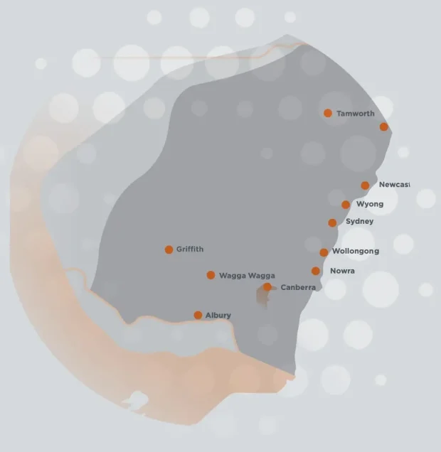 Map of New South Wales and the ACT showing RehabCo office locations